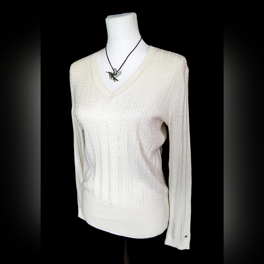 Tommy Hilfiger White V Neck Cable Knit Sweater, L, 100% Cotton